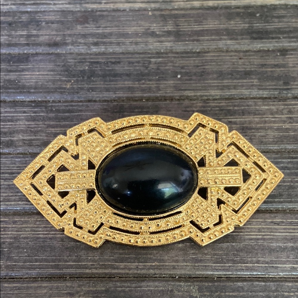 Vintage Goldtone Art Deco-Style Signed ACT II Black Cabochon Brooch Pin